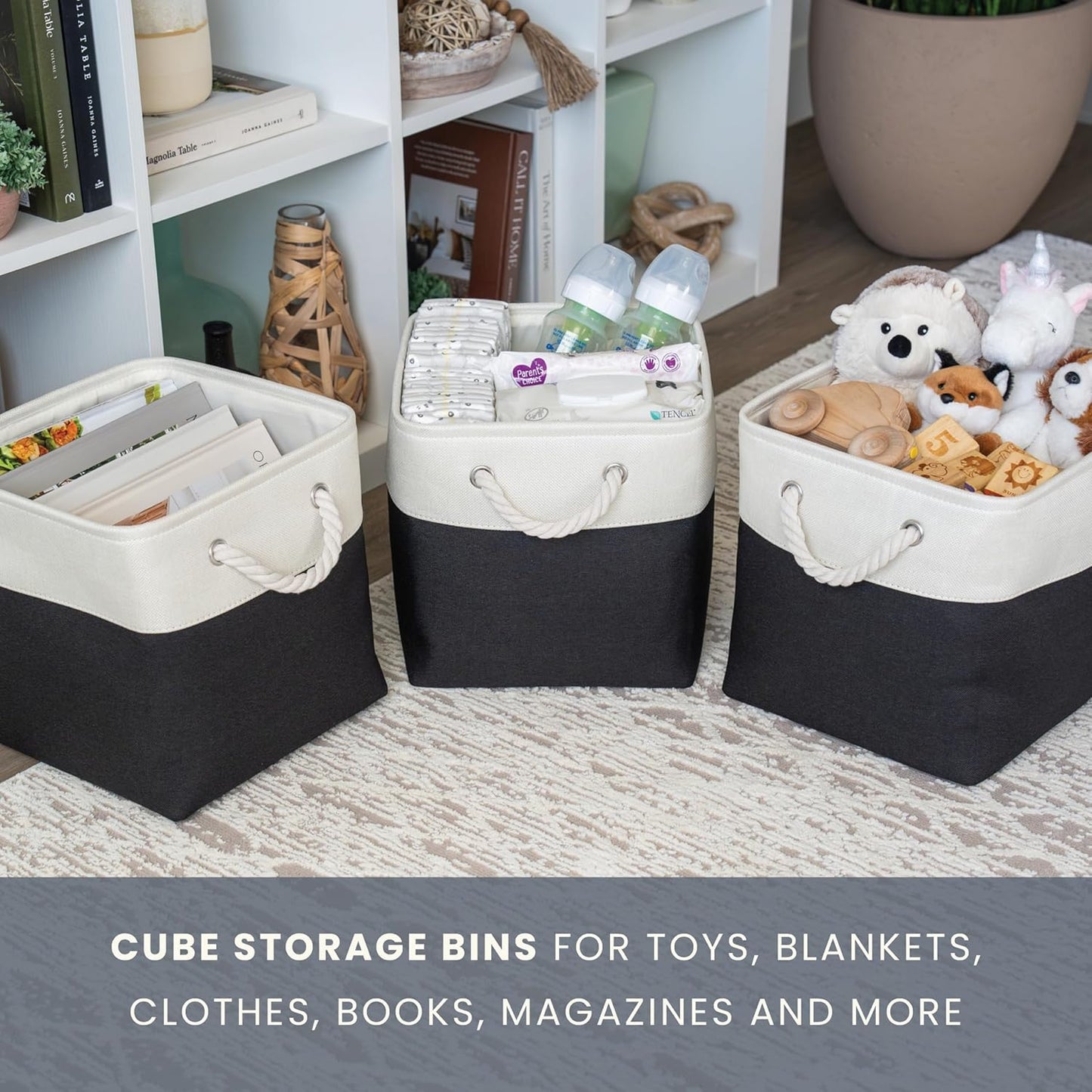 OrganiHaus 12x12 Cube Storage Bins 4 Pack, Foldable Cube Storage Organizer w/ Rope Handles, Collapsible Fabric Bins for Toys, Clothes & Closet Organization, Fabric Square Baskets - Black/White