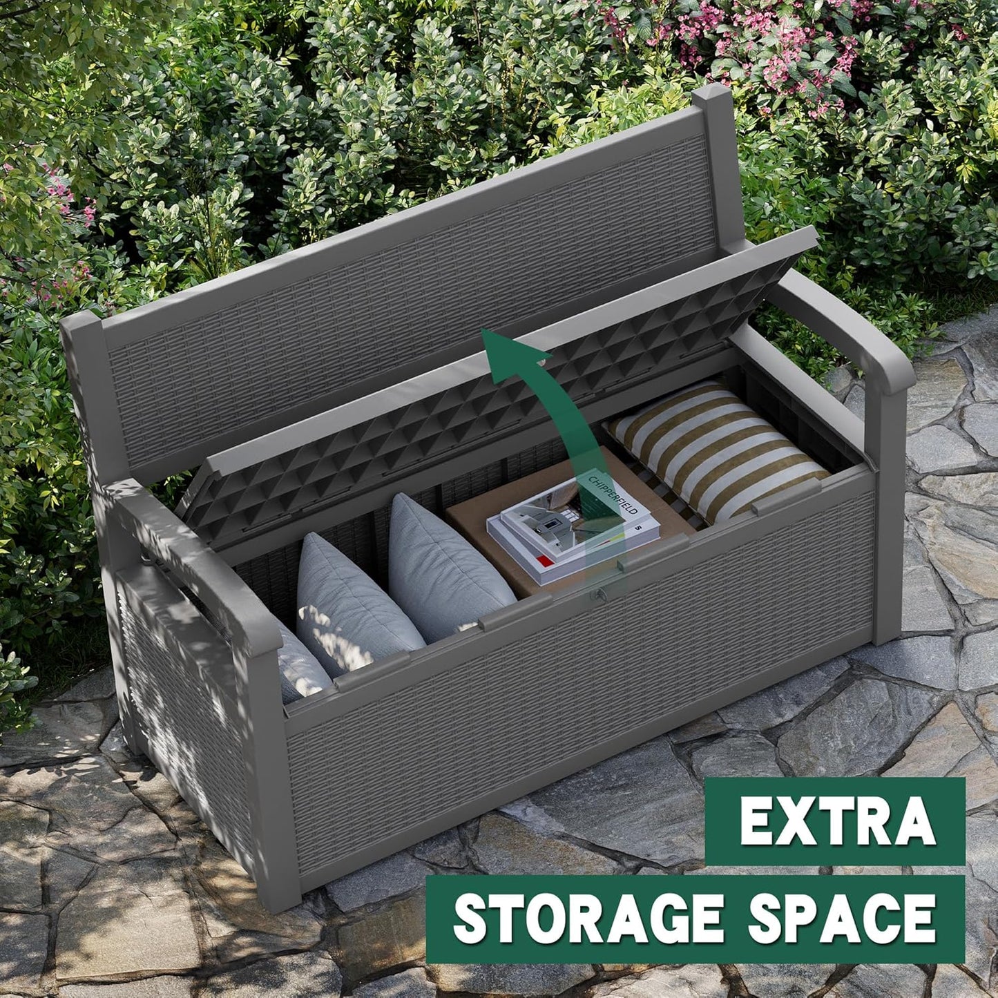 70 Gallon Outdoor Storage Bench Deck Box Lockable for Patio Furniture, Outdoor Porch Bench with Storage Waterproof for Cushions, Garden Tools and Pool Supplies, Grey