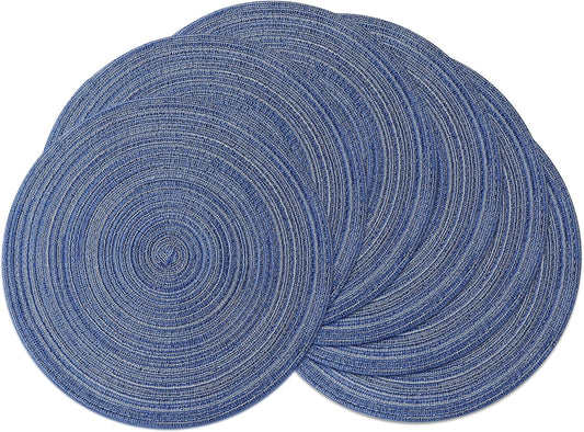 Leetaltree Round Placemats Heat and Slip Resistant Cotton Table Mats, Washable Bohemian Placemats for Dining Tables (Denim Blue, Set of 6)