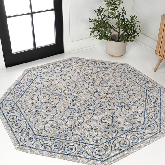 JONATHAN Y Vintage Filigree Indoor Outdoor Octagon Area Rug 5 Ft Gray/Navy, Charleston Textured Weave for Backyard, Patio, Porch, Easy-Cleaning, High Traffic, Pet-Friendly, Non-Shedding SMB106C-5TGN