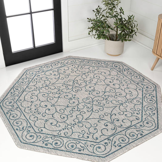 JONATHAN Y Vintage Filigree Indoor Outdoor Octagon Area Rug 8 Ft Gray/Teal, Charleston Textured Weave for Backyard, Patio, Porch, Easy-Cleaning, High Traffic, Pet-Friendly, Non-Shedding SMB106E-8TGN