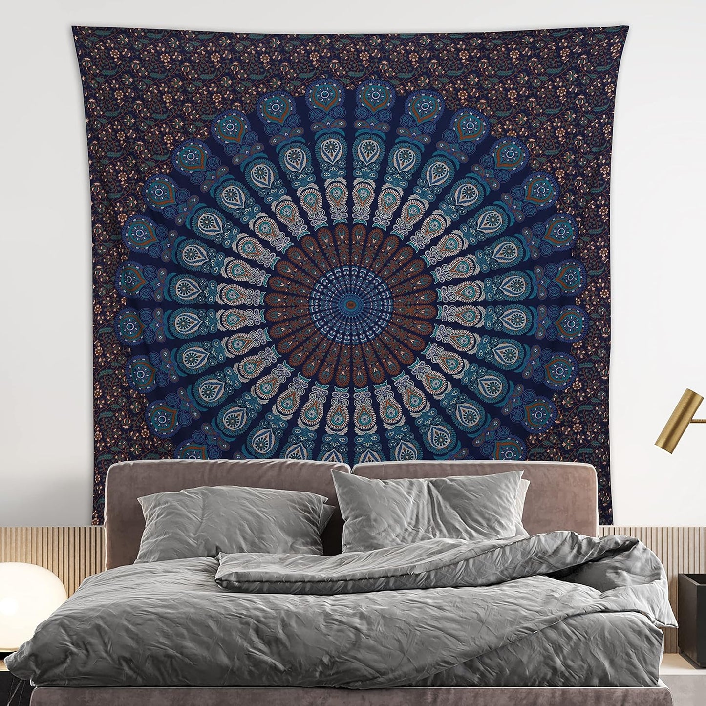 Bless International Handmade Indian hippie Bohemian Psychedelic Peacock Mandala Wall hanging College Dorm Beach Throws Table Cloth Bedding Tapestry (Blue Green, Queen(84x90Inches)(215x230Cms))