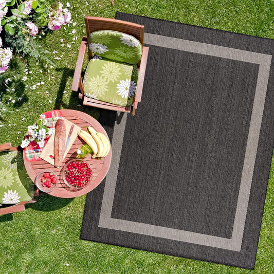 CAMILSON Outdoor Rug 9x12, Large Modern Outside Rugs for Patios Porches Waterproof Durable Washable Non-Shedding, Easy-to-Clean Indoor Outdoor Area Carpet (9 x 12, Bordered - Dark Gray/Light Gray)