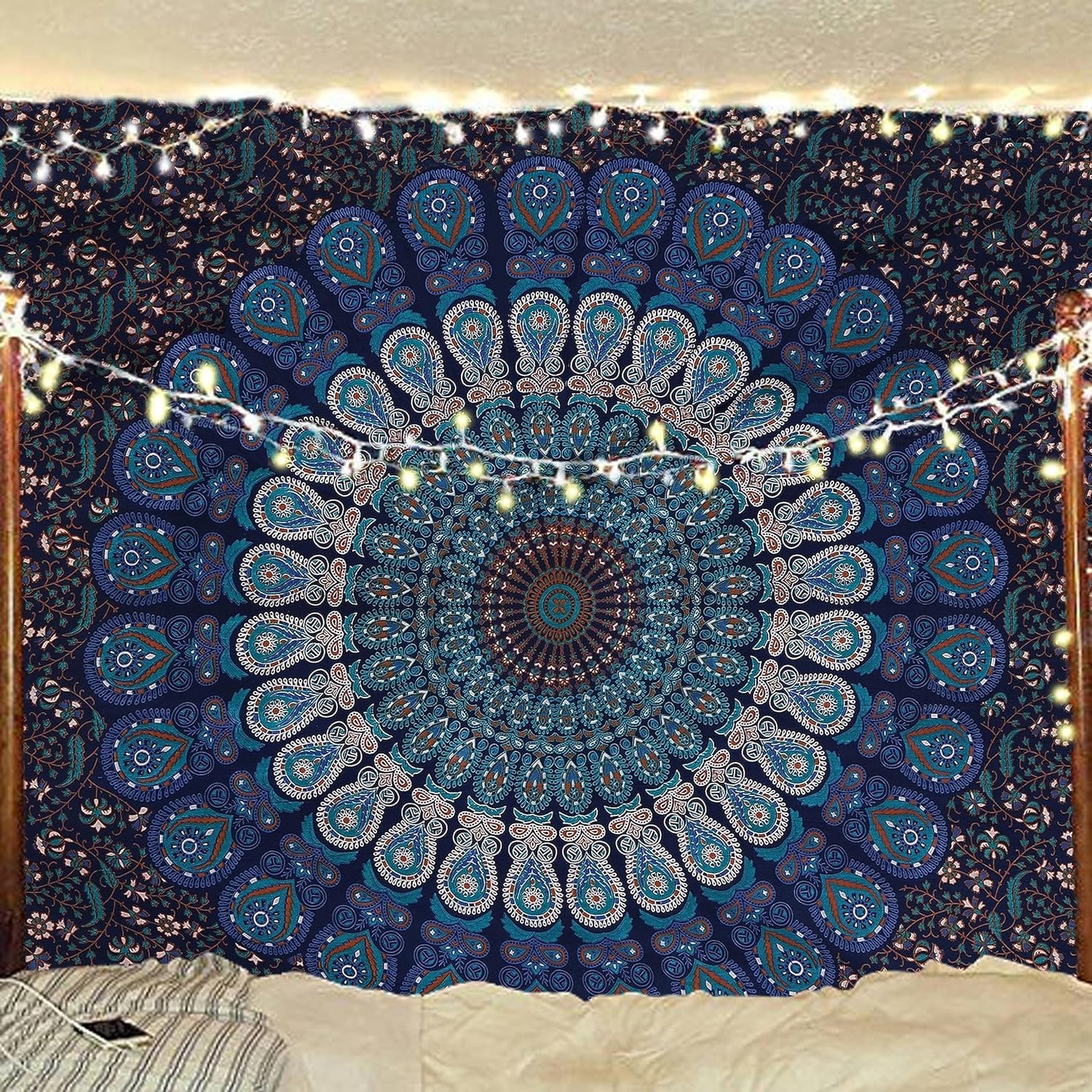 Bless International Handmade Indian hippie Bohemian Psychedelic Peacock Mandala Wall hanging College Dorm Beach Throws Table Cloth Bedding Tapestry (Blue Green, Medium(54x60Inches)(137x152cms))