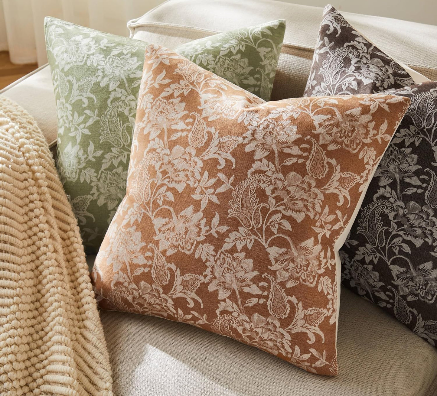 Floral Jacquard Throw Pillow Covers Set of 2, Background/Caramal 22x22 Inch, Farmhouse Decorative Cotton Caramal Cushion Covers for Sofa Bed Living Room Home Decor ﻿