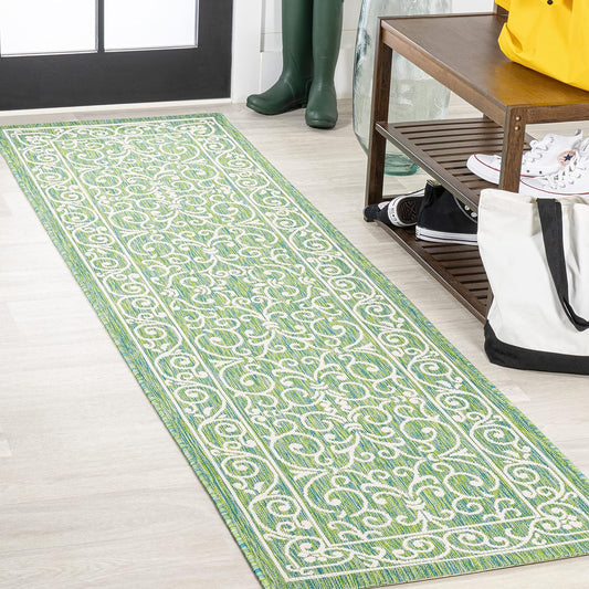 JONATHAN Y Vintage Filigree Indoor Outdoor Runner Rug 2X10 Green/Ivory, Charleston Textured Weave for Backyard, Patio, Porch, Easy-Cleaning, High Traffic, Pet-Friendly, Non-Shedding (SMB106K-210)