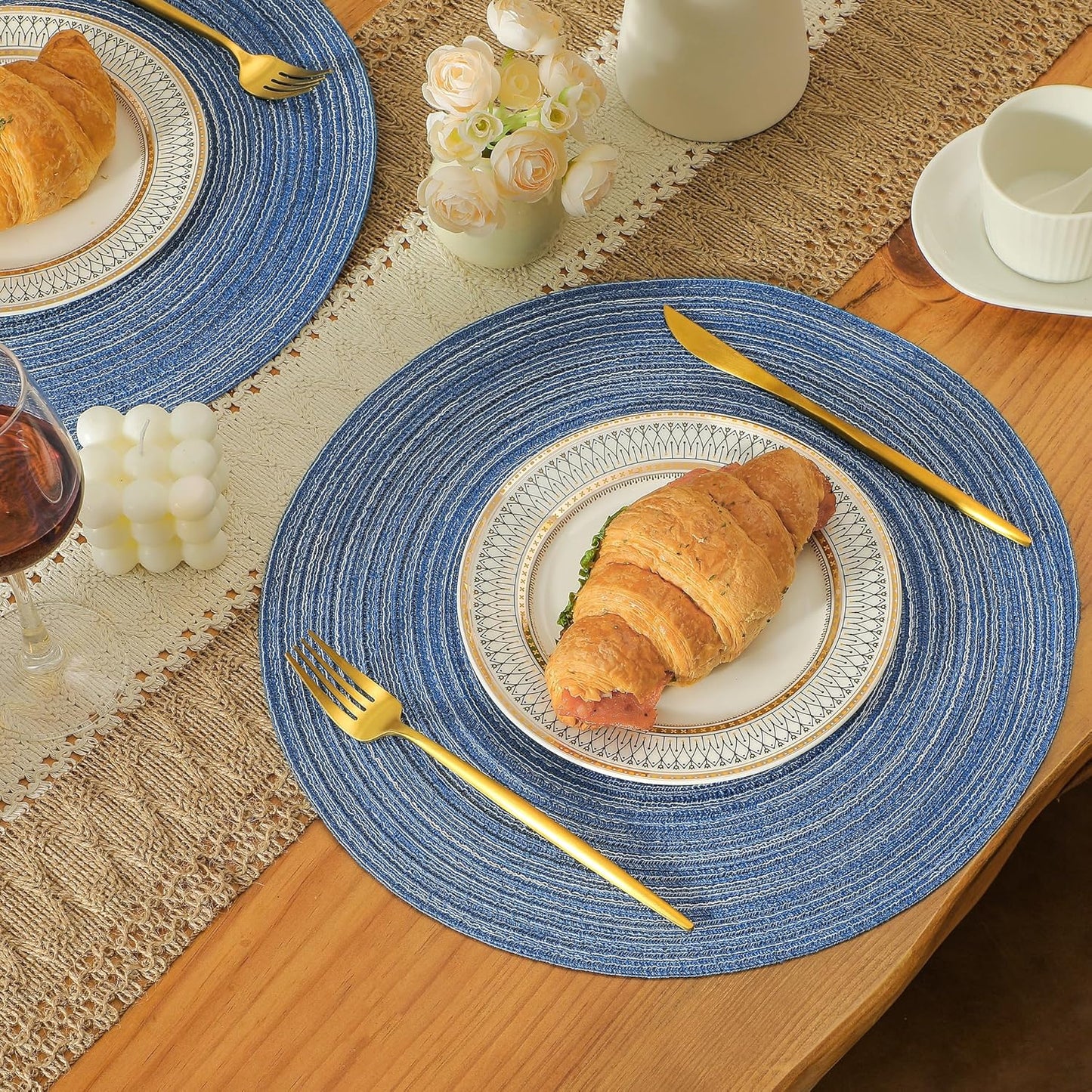 Leetaltree Round Placemats Heat and Slip Resistant Cotton Table Mats, Washable Bohemian Placemats for Dining Tables (Denim Blue, Set of 4)