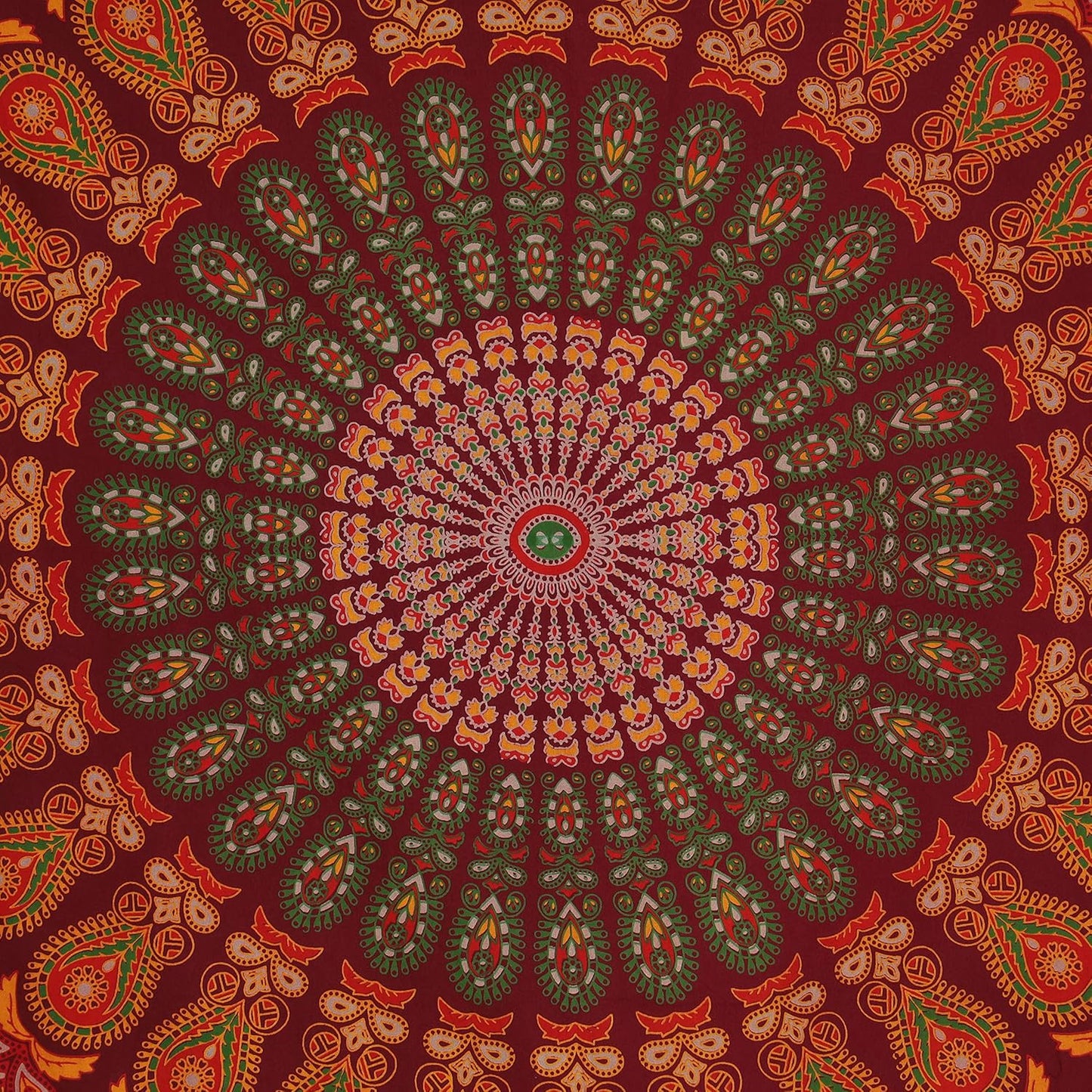 Bless International Handmade Indian hippie Bohemian Psychedelic Peacock Mandala Wall hanging College Dorm Beach Throws Table Cloth Bedding Tapestry (Maroon Yellow, Queen(84x90Inches)(215x230Cms))