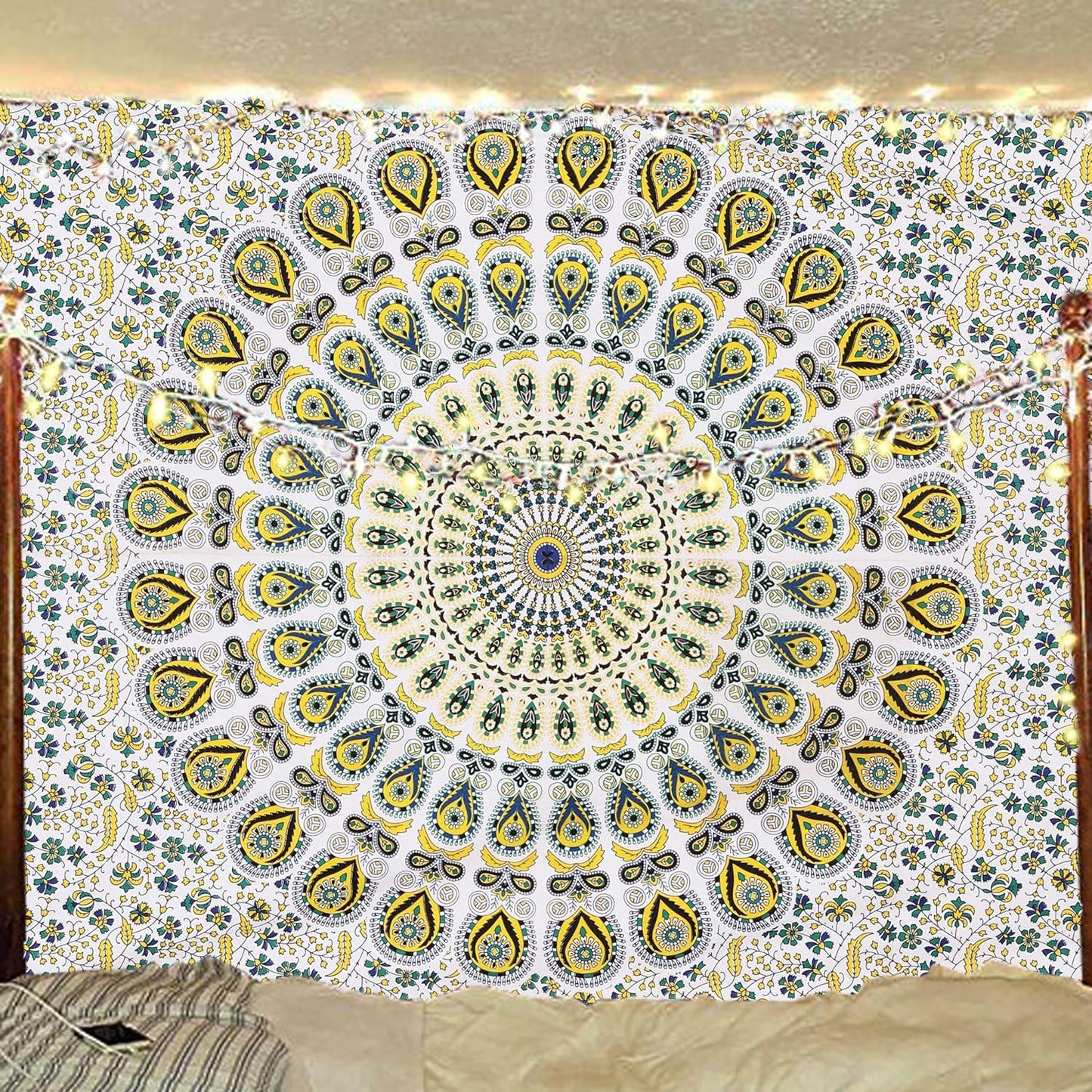 Bless International Handmade Indian hippie Bohemian Psychedelic Peacock Mandala Wall hanging College Dorm Beach Throws Table Cloth Bedding Tapestry (Yellow Green, Twin(54x72Inches)(140x185cms))