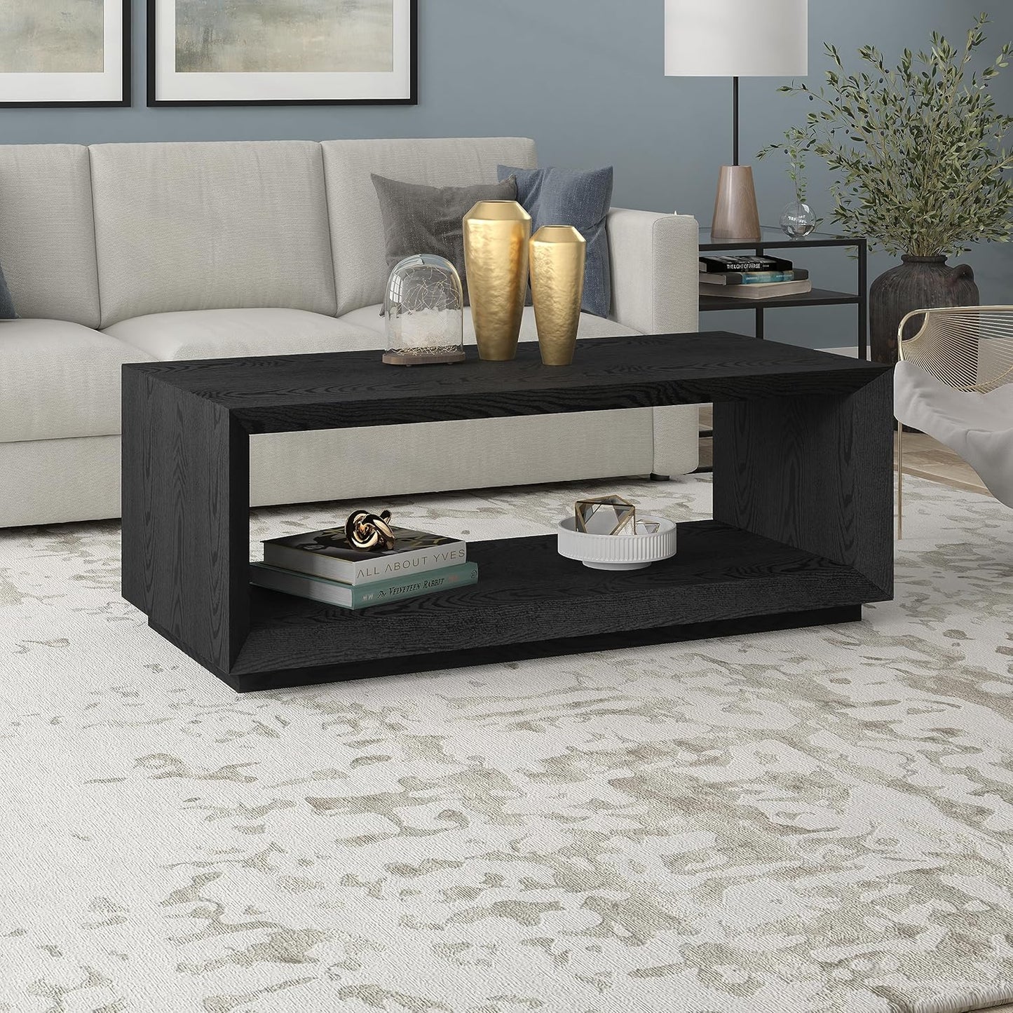 Henn&Hart 48" Rectangular Coffee Table with Open Storage Shelf for Living Room, Family Room, or Office, Black Grain