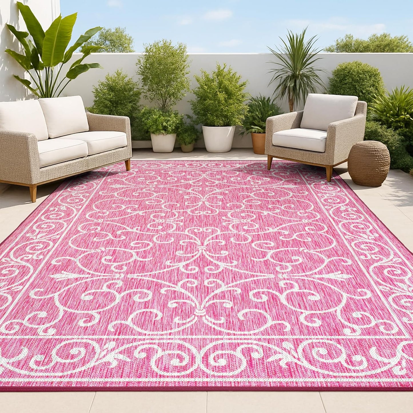 JONATHAN Y Vintage Filigree Indoor Outdoor Area Rug 9X12 Fuchsia/Light Gray, Charleston Textured Weave for Backyard, Patio, Porch, Easy-Cleaning, High Traffic, Pet-Friendly, Non-Shedding (SMB106J-9)