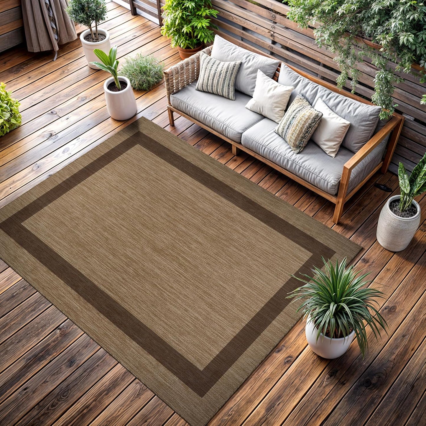 CAMILSON Outdoor Rug 10x14 - Large Modern Outside Rugs for Patios Porches Waterproof Durable Washable Non-Shedding, Easy-to-Clean Indoor Outdoor Area Carpet (10 x 14, Bordered - Jute)