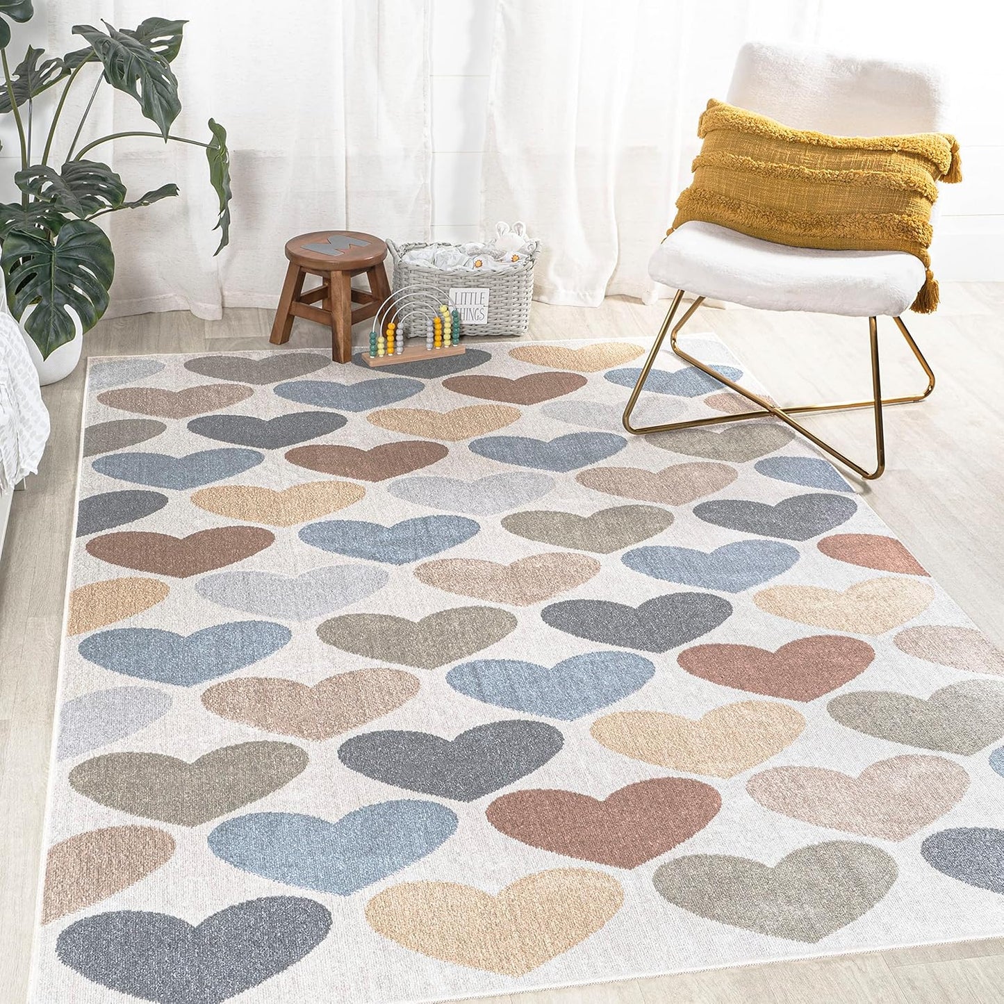 JONATHAN Y Machine-Washable Ivory/Blue/Orange Indoor Area Rug, 8x10, Dila Modern Hearts Geometric, Kids & Novelty, Vintage, Bedroom, Kitchen, Living Room, Easy-Cleaning, Non-Shedding (KDW101A-8)
