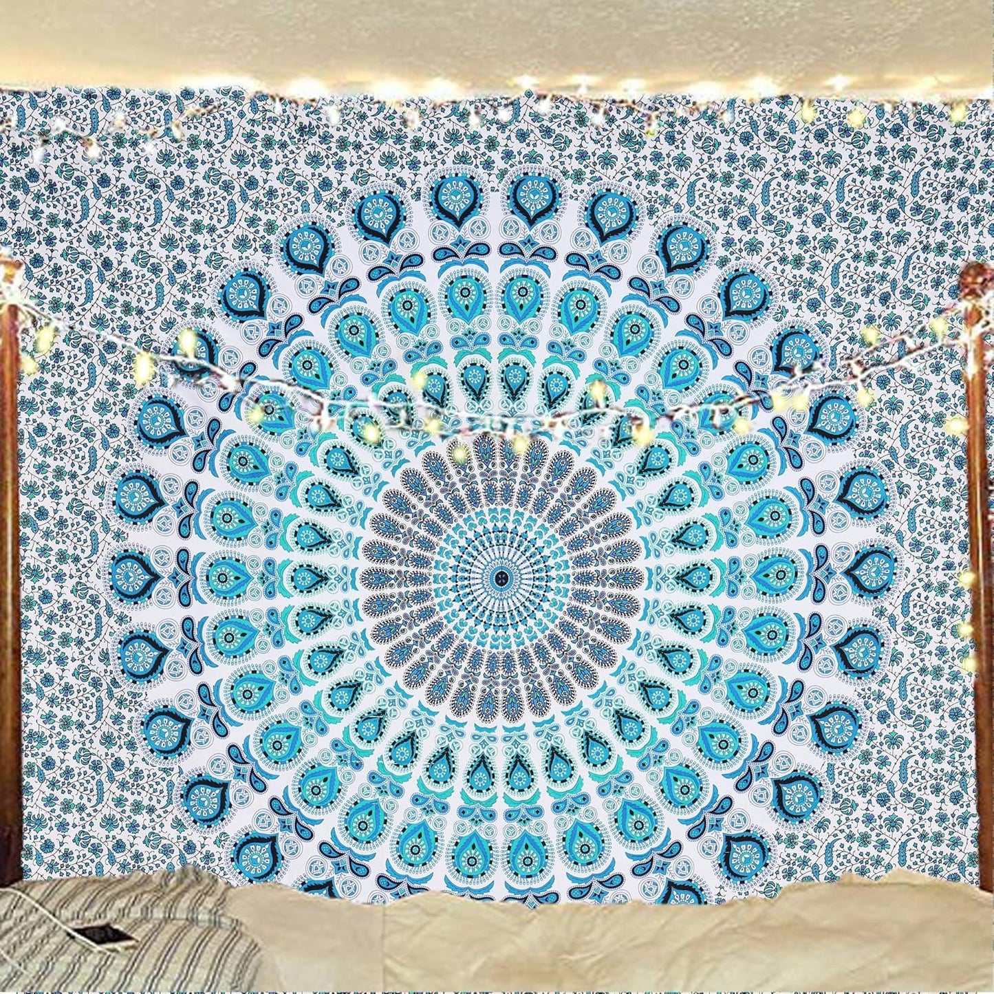 Bless International Handmade Indian hippie Bohemian Psychedelic Peacock Mandala Wall hanging College Dorm Beach Throws Table Cloth Bedding Tapestry (Peacock Sky Blue, King(88x104Inches)(225x265Cms))