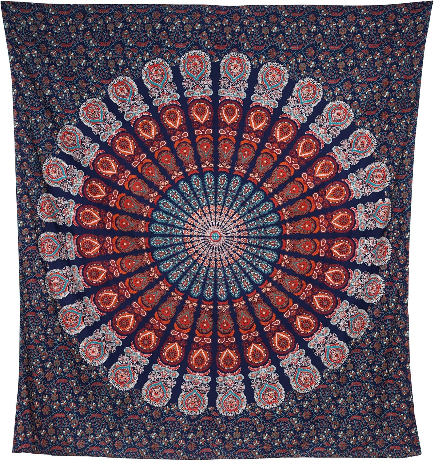 Bless International Handmade Indian hippie Bohemian Psychedelic Peacock Mandala Wall hanging College Dorm Beach Throws Table Cloth Bedding Tapestry (Golden Blue White, Queen(84x90Inches)(215x230Cms))