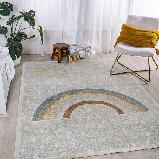 JONATHAN Y Machine-Washable Gray/Ivory/Yellow Indoor Area Rug, 5x8, Minha Rainbow Dots, Kids & Novelty, Casual, Classic, Bedroom, Kitchen, Living Room, Easy-Cleaning, Non-Shedding (KDW102A-5)