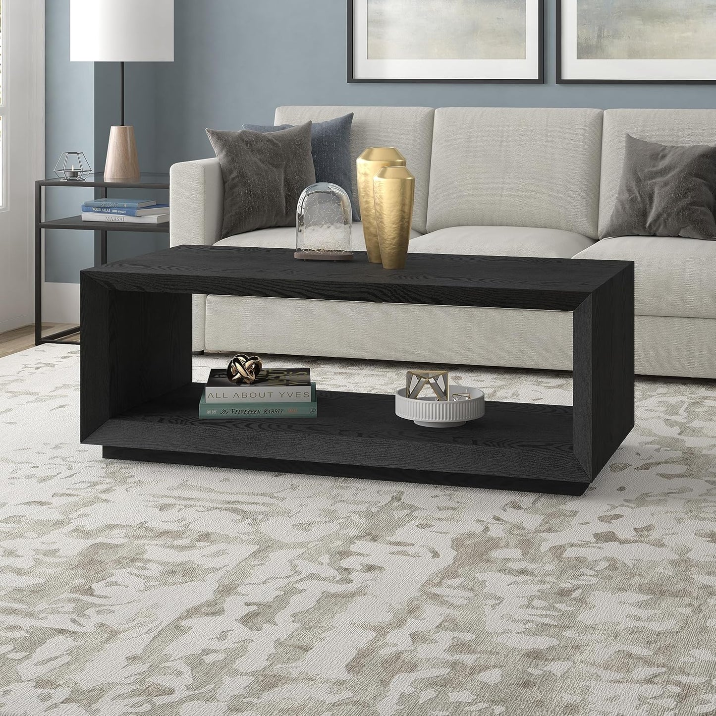 Henn&Hart 48" Rectangular Coffee Table with Open Storage Shelf for Living Room, Family Room, or Office, Black Grain