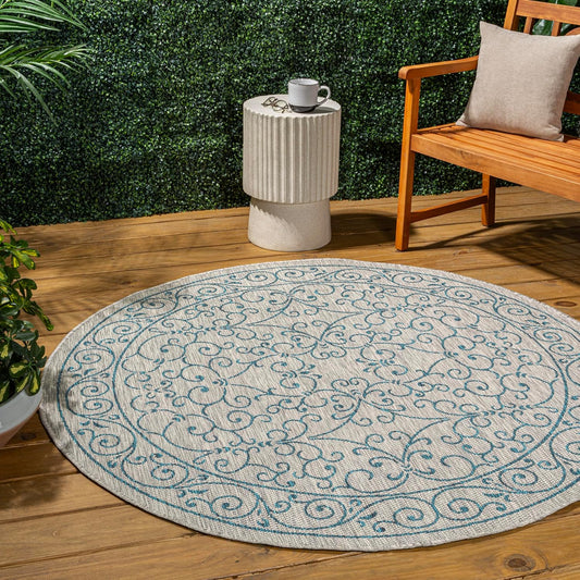 JONATHAN Y Vintage Filigree Indoor Outdoor Round Area Rug 5 Ft Gray/Teal, Charleston Textured Weave for Backyard, Patio, Porch, Easy-Cleaning, High Traffic, Pet-Friendly, Non-Shedding (SMB106E-5R)