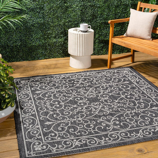 JONATHAN Y Vintage Filigree Indoor Outdoor Square Area Rug 8X8 Black/Gray, Charleston Textured Weave for Backyard, Patio, Porch, Easy-Cleaning, High Traffic, Pet-Friendly, Non-Shedding (SMB106G-8SQ)