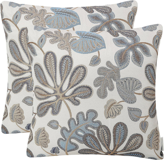Set of 2 Jacquard Tropical Leaf Pattern Throw Pillow Covers Decorative Pillowcase 22X22 Inches,Blue Cream